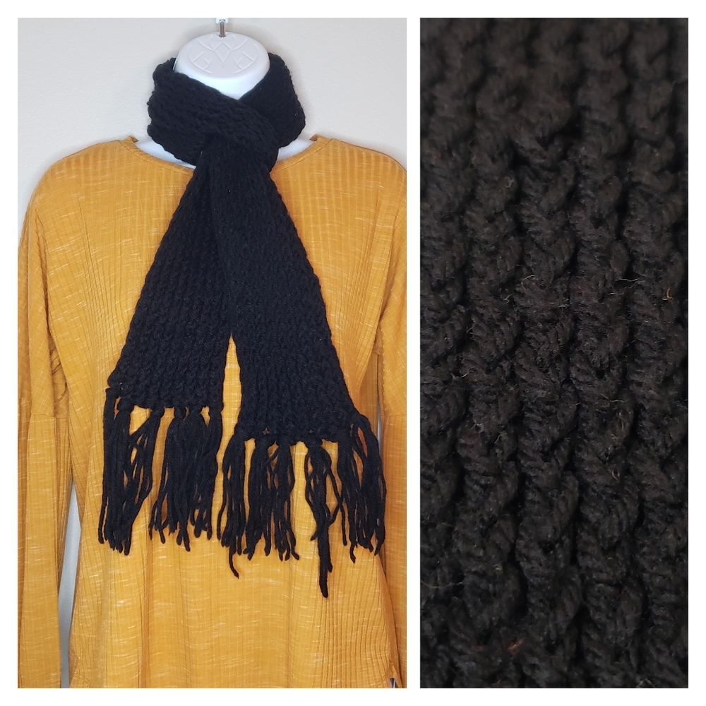 Black Handcrafted Crochet Scarf with Fringe Edges
